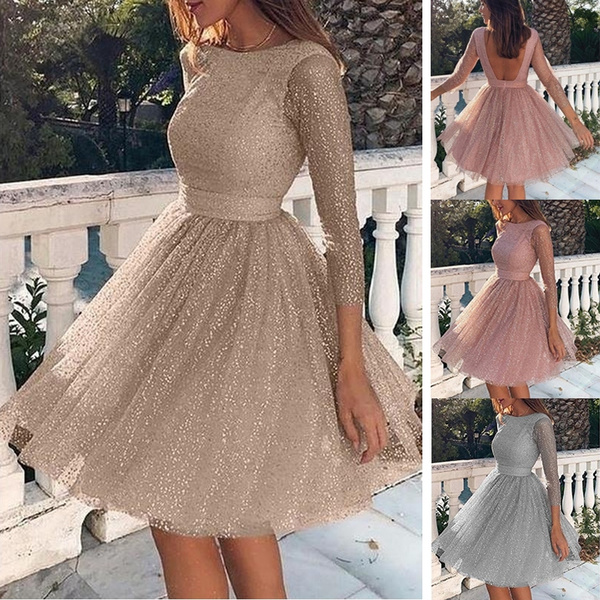 Women Fashion Party Sequin Mesh Pleated ...